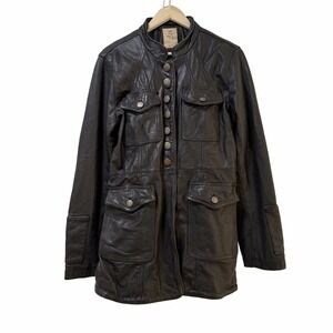 Free People 100% Goat Leather Long Military Jacket Size L‎ Black Biker Steampunk